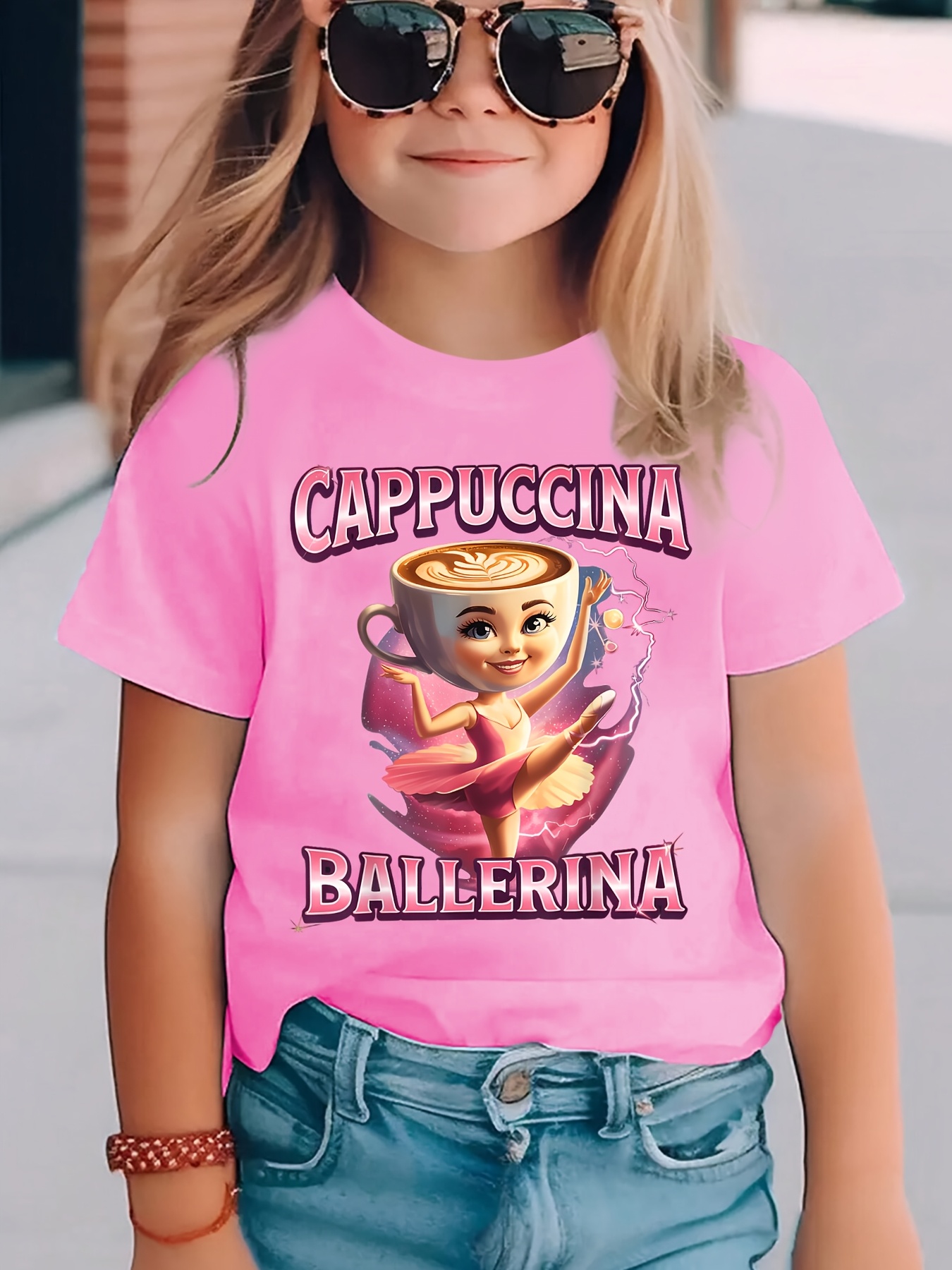 T-shirt à Manches Courtes pour Filles – Motif Cappuccina Ballerina, Printemps/Été – Haut Décontracté – Image 2
