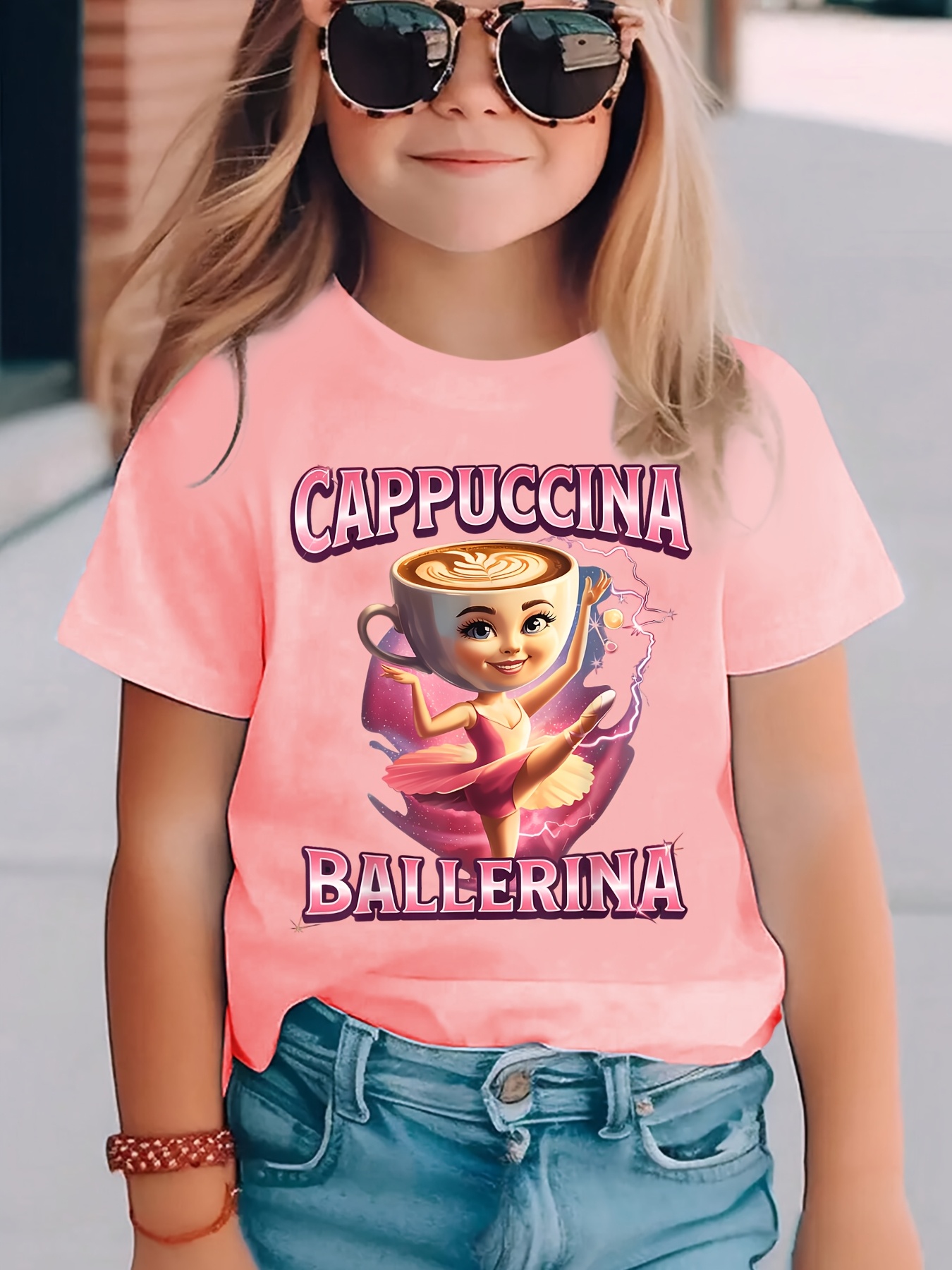 T-shirt à Manches Courtes pour Filles – Motif Cappuccina Ballerina, Printemps/Été – Haut Décontracté – Image 4