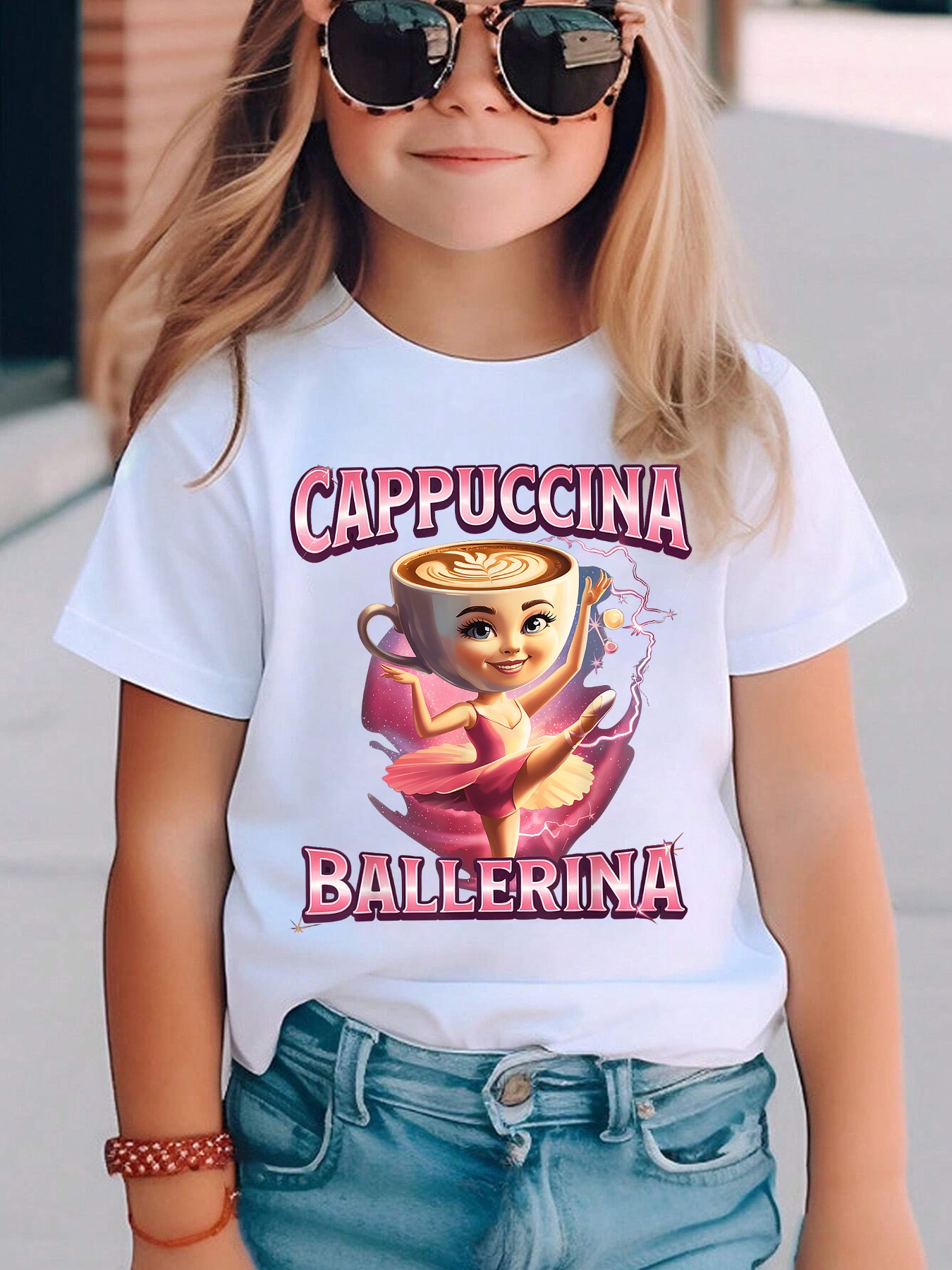 T-shirt à Manches Courtes pour Filles – Motif Cappuccina Ballerina, Printemps/Été – Haut Décontracté – Image 5