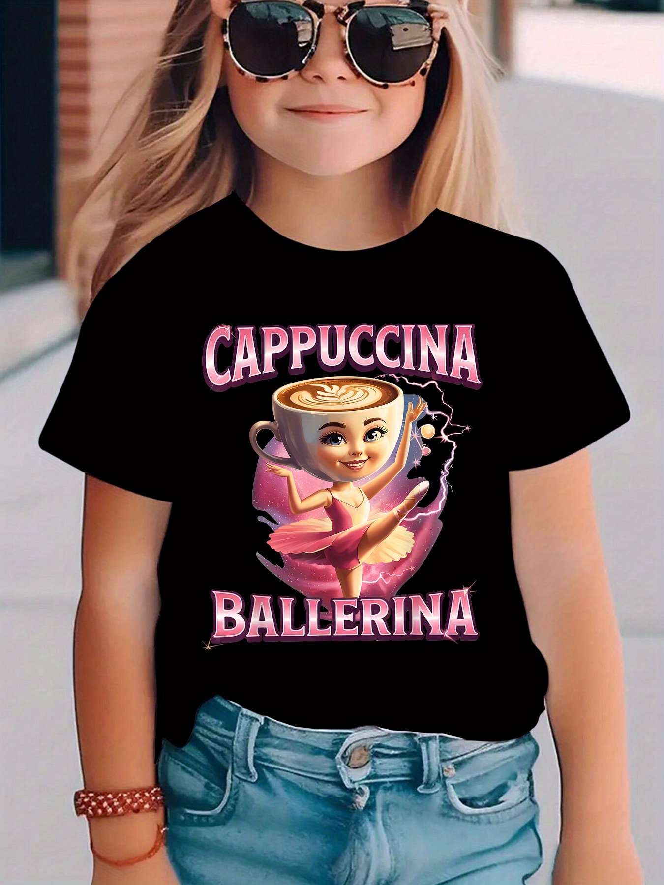 T-shirt à Manches Courtes pour Filles – Motif Cappuccina Ballerina, Printemps/Été – Haut Décontracté