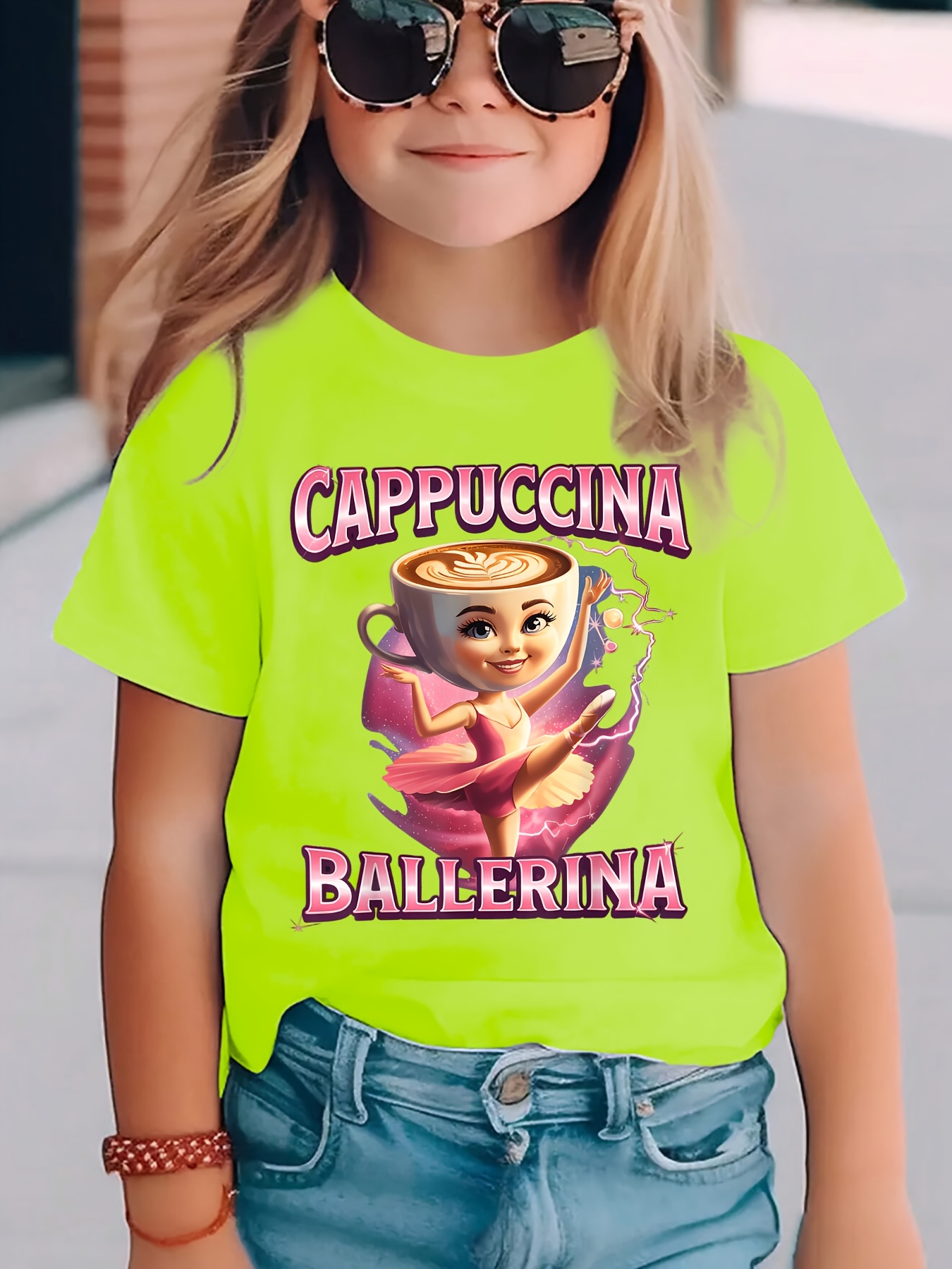 T-shirt à Manches Courtes pour Filles – Motif Cappuccina Ballerina, Printemps/Été – Haut Décontracté – Image 3