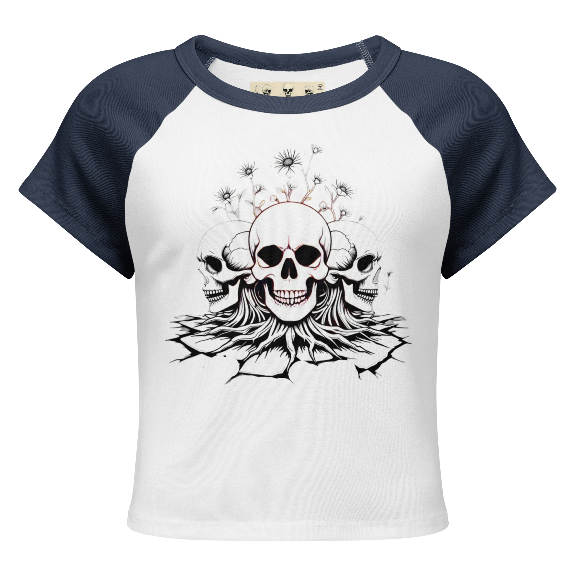 t-shirt raglan Rooted Souls – impression trio de têtes de mort enracinées DTF haute définition